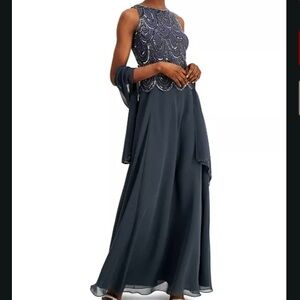J Kara Sleeveless Embellished A-Line Gown and Scarf Set